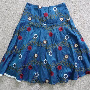 Blue Silk Embroidered Floral Skirt